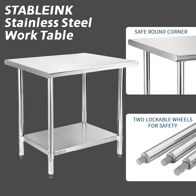 STABLEINK 18-Gauge Stainless Steel Prep Table with Undershelf 36”x24” 3ft | NSF Certified Heavy Duty Metal Work Table Workbench for Commercial Kitchen Restaurant Hotel Laundry Garage Chef Homemaker