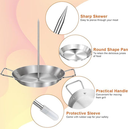 Al Pastor Skewer for Grill, 13 Inch Brazilian Spit Stand with 5 Spikes & 2 Brushes, Tong, Pad, Stainless Steel Vertical Sticks, Gyro Pan with Fat Separator for Tacos Al Pastor, Shawarma, Chicken