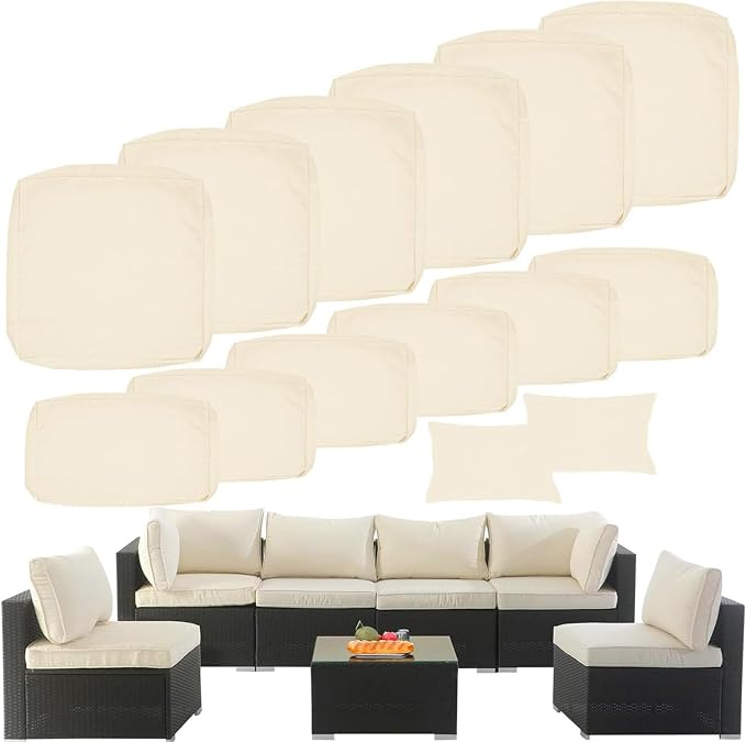 14 Piece Outdoor Patio Cushion Cover Replacement, Waterproof Patio Cushion Covers, Outdoor Furniture Cushion Covers Set for 6 Seat Wicker Rattan Sofa (Off-White)