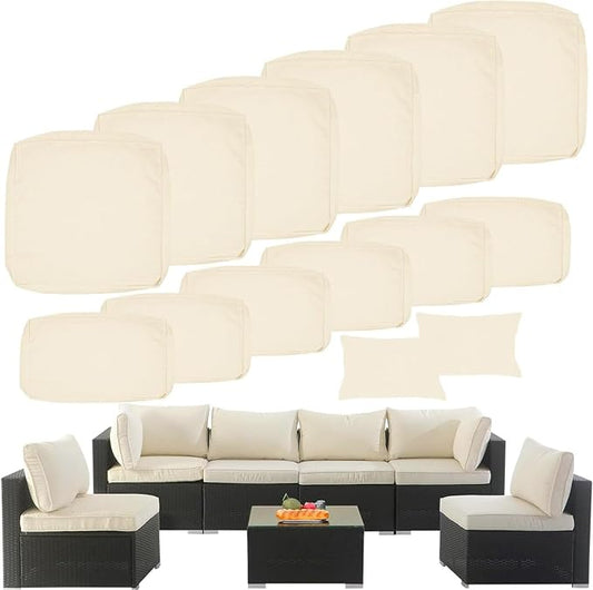 14 Piece Outdoor Patio Cushion Cover Replacement, Waterproof Patio Cushion Covers, Outdoor Furniture Cushion Covers Set for 6 Seat Wicker Rattan Sofa (Off-White)