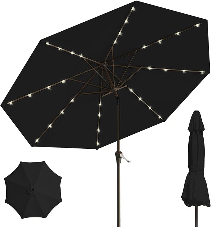 9' Solar LED Patio Umbrella with Tilt & Crank|8 Sturdy Ribs,UV Protection,Outdoor Market Table Umbrella for Deck,Lawn,Pool,Backyard(Black)