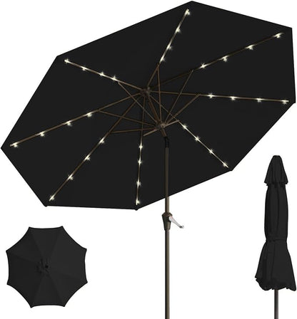 9' Solar LED Patio Umbrella with Tilt & Crank|8 Sturdy Ribs,UV Protection,Outdoor Market Table Umbrella for Deck,Lawn,Pool,Backyard(Black)