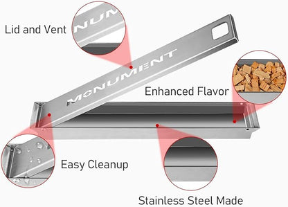 Monument Grills A007 Heavy Duty Stainless Steel Barbecue Smoker Box Grill Accessories, Reusable Smoker Box with Lid for Gas Grill, 14.76" x 2.36" x 1.41"