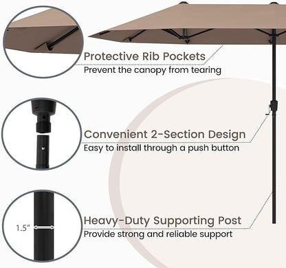 Tangkula 13 FT Large Patio Umbrella, Outdoor Double-Sided Table Market Umbrella w/Crank Handle, 12 Heavy-Duty Ribs, Sun-Protective Rectangular Twin Parasol for Garden Deck Lawn Poolside (Tan)