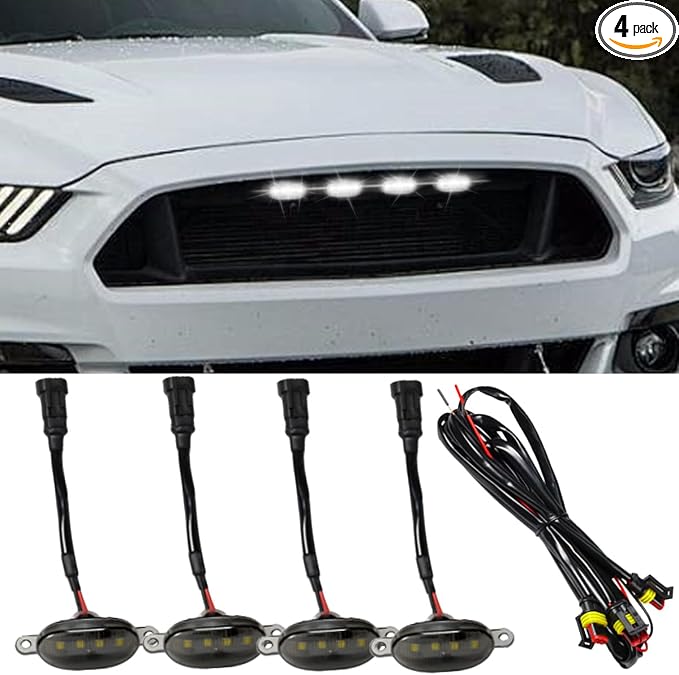 BDZMC 4PCS LED Grill Lights, Bright Car Front Grill DRL Lamps with Wiring Harness, Car Grid Bumper Trim Lights Auto Accessories, Compatible with F150 F250 F350 Front Grilles (White)