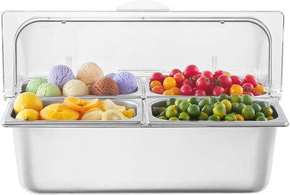 VEVOR Countertop Food Serving Display Container, 4 Pan Stainless Steel Food Serving Tray, Buffet Condiment Dispenser Display Rack with Clear Lid & 3 Freezer Boxes, for Restaurant Hotel Kitchen Party