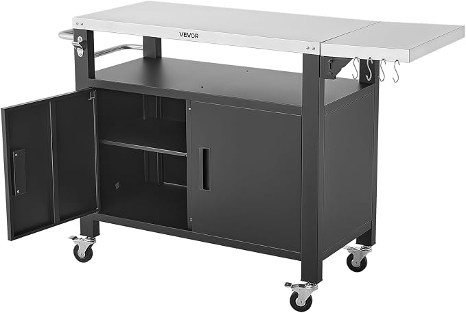 VEVOR Outdoor Grill Cart with Storage Cabinet, 55.1 Inch Grill Table, Waterproof Kitchen Island with Stainless Steel Top, Shelf, and Wheels, Movable Food Prep Station for Patio Bar Backyard BBQ