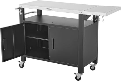 VEVOR Outdoor Grill Cart with Storage Cabinet, 55.1 Inch Grill Table, Waterproof Kitchen Island with Stainless Steel Top, Shelf, and Wheels, Movable Food Prep Station for Patio Bar Backyard BBQ