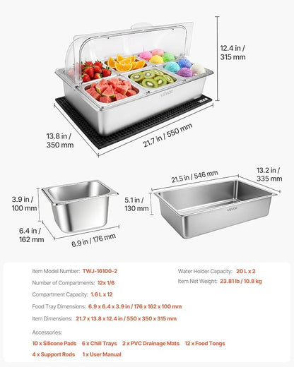 VEVOR Countertop Food Serving Display Container, Stainless Steel Food Salad Server Tray, Buffet Condiment Dispenser, Ice Cooled Rack with Clear Roll Top Cover, for Restaurant Hotel (6x1/6 Pan x2)