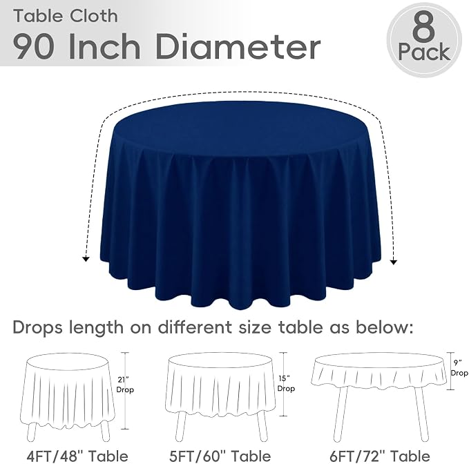 8 Pack Navy Blue Round Tablecloth 90 Inch | For 3Ft-5Ft Round Table, Wrinkle Resistant Table Cloth, Washable Polyester Fabric, For Wedding Party Banquet Buffet Camping