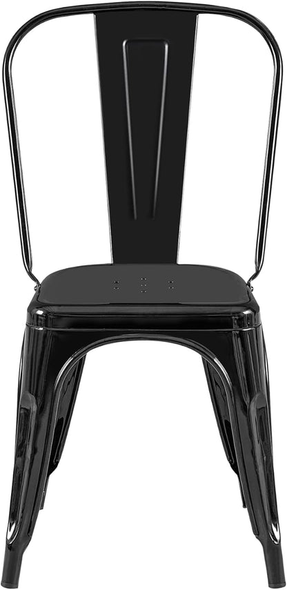 AC Pacific Stackable Metal Dining Chairs Set of 2 for Indoor and Outdoor Use, Durable Stacking Seat, Farmhouse Kitchen, Bar, Patio, Bistro, Cafe, Industrial Style, 2pcs, High Gloss Black