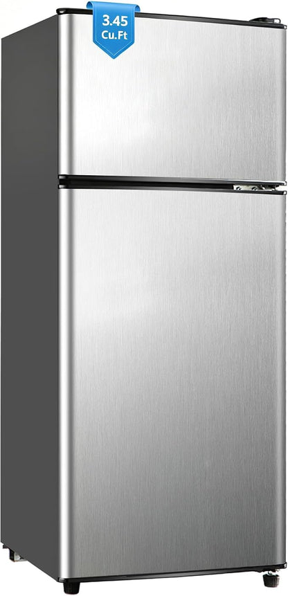 Dorm Fridge with Freezer, Small Refrigerator 3.45 Cu. Ft. with Freezer | 7-Level Temperature Adjustable Apartment Size Fridge for Kichen, College, Office, Apartment, Silver