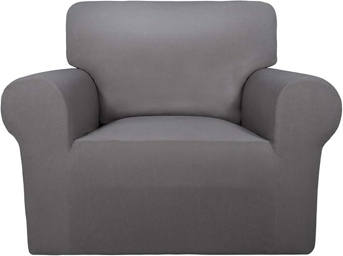 PureFit Stretch Chair Covers Fleece Couch Covers for Sofa Light Gray | 1-Piece Spandex Couch Cover Soft Couch Protector, Sofa Cover Washable with Non Skid Foam and Elastic Bottom for Kids, Dogs
