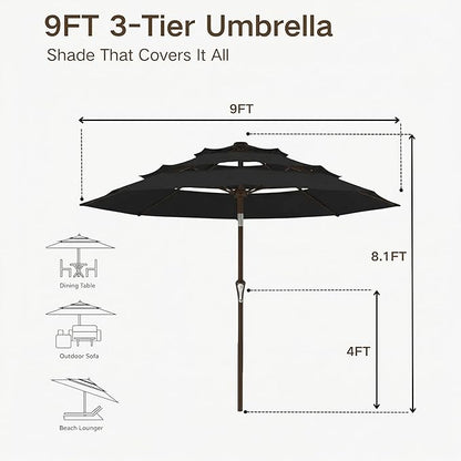 Kingdura 9ft 3-Tier Patio Umbrella, Outdoor Table Umbrella with Easy Crank & Tilt, 8 Reinforced Ribs, UV Protection for Deck, Pool, Market, Backyard (Black)