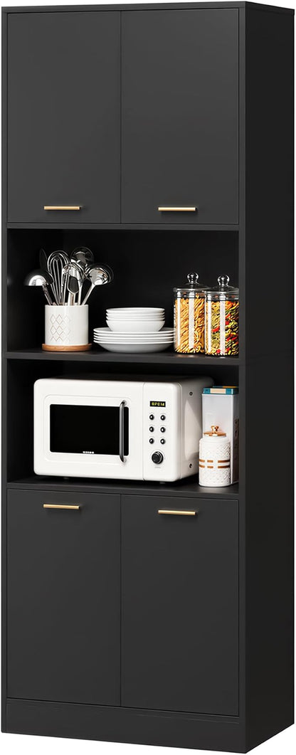 Keyluv 71" Kitchen Pantry Storage Cabinet, Kitchen Cabinet Hutch, Black | Freestanding Kitchen Hutch with Microwave Stand and Doors, Coffee Bar with Adjustable Shelves for Dining Room Living Room