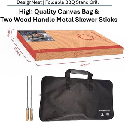 DesignNest Foldable Charcoal Grill - Full Body Stainless Steel Portable BBQ Stand Hibachi with Height Adjustable Grates, 2 Side Trays & Carry Bag 38' Cooking Area For Camping Tailgating & Patios