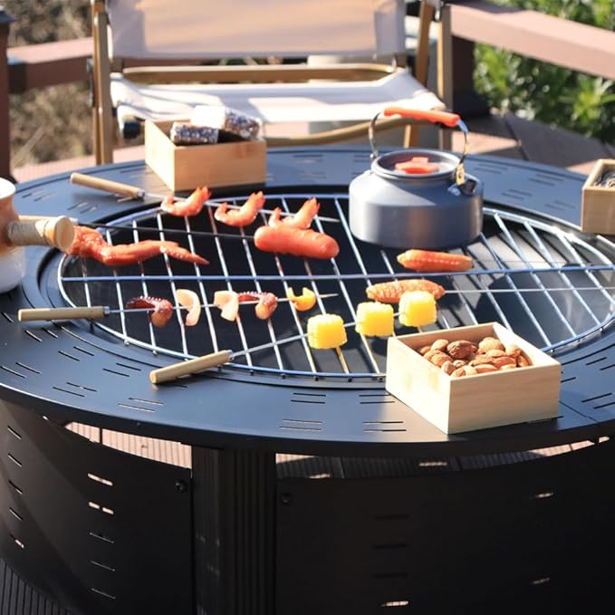 4-in-1 Outdoor Dining Table, Portable Round Stove, Heavy-Duty Round Barbecue Stove with Spark Cover and Log Poker & PVC Cover, Table Smokeless Charcoal Rack, Cooking Tea, Full Set of Heating Brazier