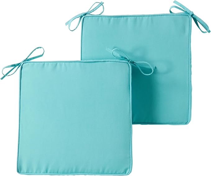 Outdoor 18 inch Square Patio Dining Chair Pads – Comfortable Fiber-Filled Seat Cushions with Ties, Reversible Polyester Fabric - Teal, Set of 2