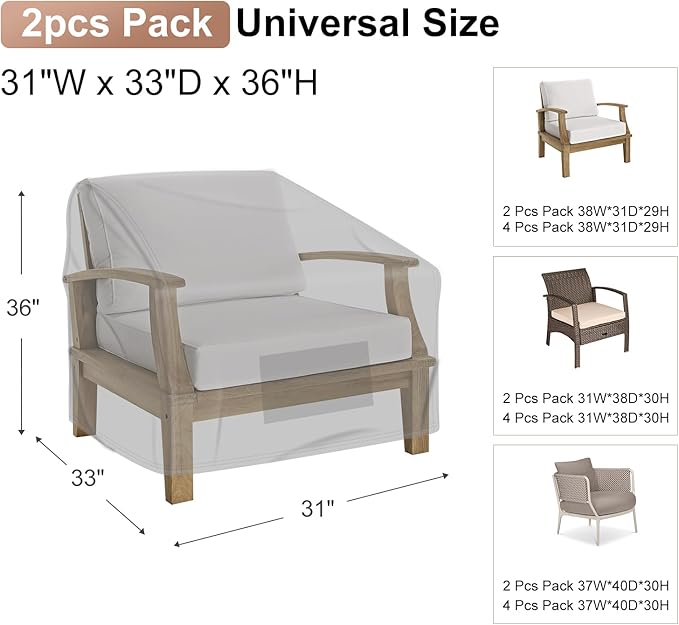 Mrrihand Patio Chair Covers Waterproof, Outdoor Chair Covers Waterproof, Lounge Deep Seat Cover, Heavy Duty Outdoor Lawn Patio Furniture Covers Large Size 31" W x 33" D x 36" H - 2 Pack