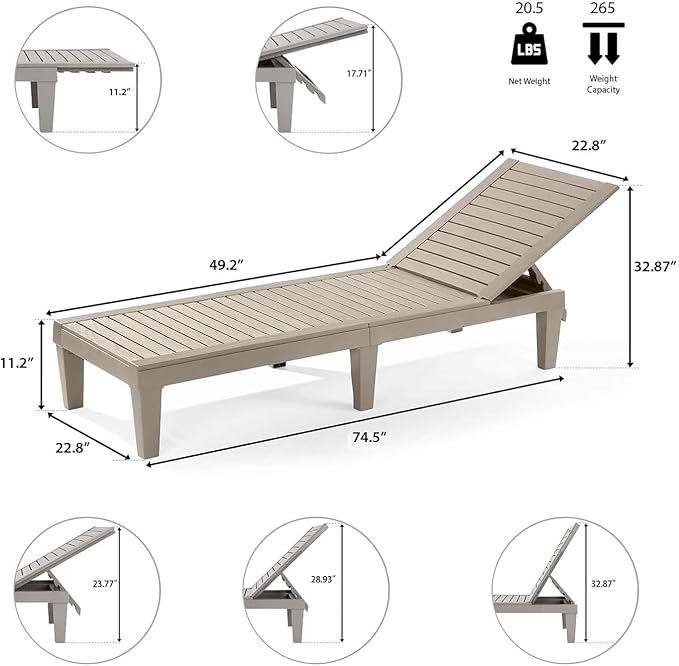 Nestl Sun Tanning Chair - Sand Beige Chaise Lounge Chair Outdoor, Lightweight Pool Lounge Chairs Set of 12, Adjustable 5-Position Reclining Lawn Chair, Waterproof Beach Outdoor Lounge Chairs