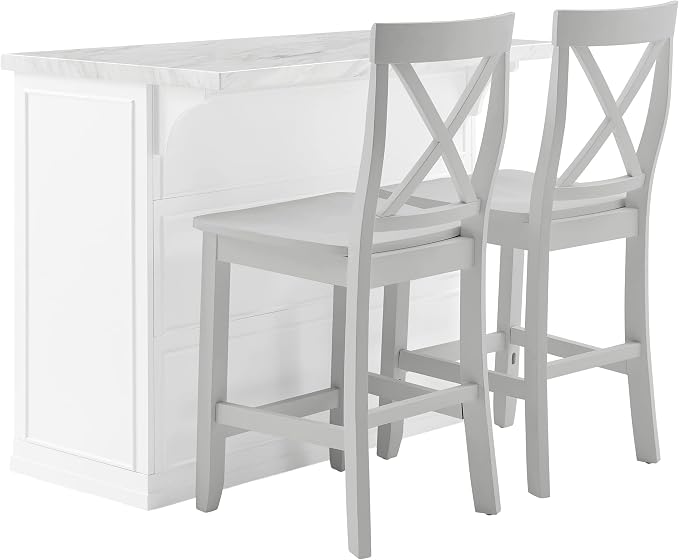 Crosley Furniture Cutler Kitchen Island with Faux Marble Top and X-Back Stools, White/Gray