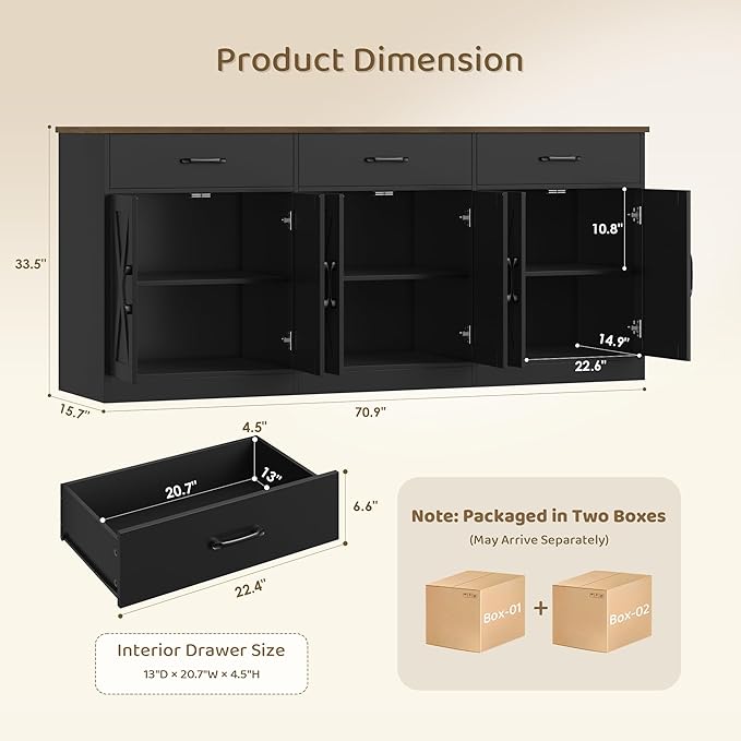 HOSTACK 71" Large Sideboard Buffet Cabinet with Storage, Farmhouse Coffee Bar Cabinet with 3 Drawers, Long Kitchen Buffet Table, Kitchen Sideboard Storage Cabinet for Dining Room, Living Room, Black