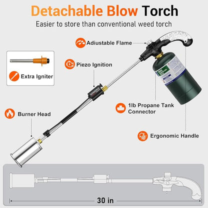 Sondiko Propane Torch Weed Burner, High Output Weed Torch Flamethrower, 30" Detachable Long Arm Heavy Duty Blow Torch For Garden, Wood, Ice, Snow, Melting(PROPANE TANK NOT INCLUDED)