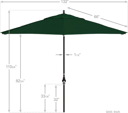 California Umbrella 11Ft Premium Patio Umbrella, Hand-Crank, Tilt-Collar, Bronze Frame, Solution Dyed Hunter Green Fabric