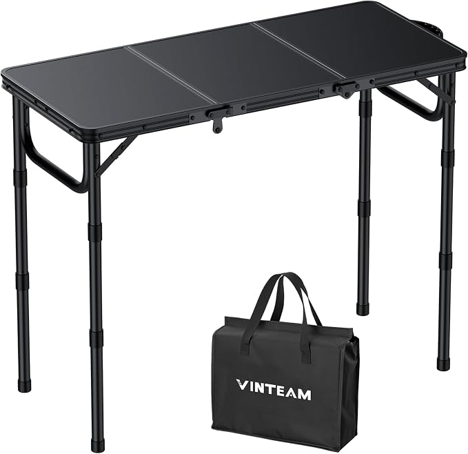 VINTEAM Tri-Folding Camping Table with 3 Adjustable Heights, Lightweight Portable Outdoor Picnic BBQ Table, Black Aluminum Folding Grill Table for Camping, RV, Beach, Fishing & Backyard