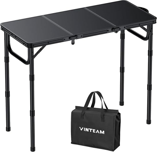 VINTEAM Tri-Folding Camping Table with 3 Adjustable Heights, Lightweight Portable Outdoor Picnic BBQ Table, Black Aluminum Folding Grill Table for Camping, RV, Beach, Fishing & Backyard