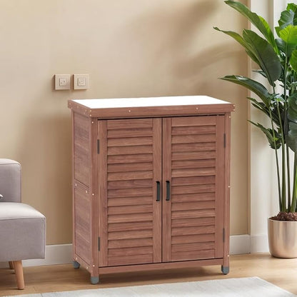 KEIKI Potting Bench with Storage Cabinet and Metal Table Top for Outdoor Patio Weatherproof Garden Workstation