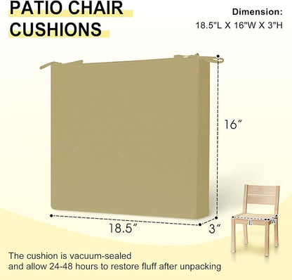 downluxe Outdoor Chair Cushions Set of 4 for Patio Furniture, Water-Resistant Square Corner Patio Chair Cushions with Ties, High Density Foam Outdoor Seat Cushion, 18.5" X 16" X 3", Khaki