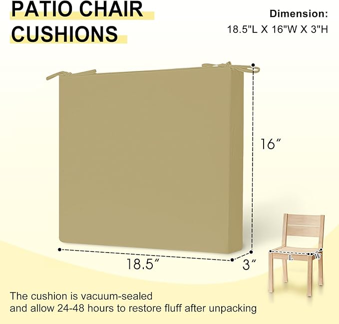 downluxe Outdoor Chair Cushions Set of 2 for Patio Furniture, Water-Resistant Square Corner Patio Chair Cushions with Ties, High Density Foam Outdoor Seat Cushion, 18.5" X 16" X 3", Khaki