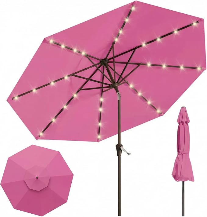 10FT Solar Lighted Patio Umbrella, Outdoor Table Market Umbrellas with Push Button Tilt and Crank, 32 LED Lights, 8 Sturdy Ribs, UV-Resistant for Deck, Garden, Pool