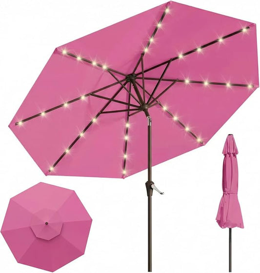 10FT Solar Lighted Patio Umbrella, Outdoor Table Market Umbrellas with Push Button Tilt and Crank, 32 LED Lights, 8 Sturdy Ribs, UV-Resistant for Deck, Garden, Pool