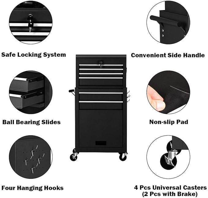 ERGOMASTER Rolling Tool Chest and Cabinet with 6-Drawers - Includes 4-Drawers Removable Top Box, 2-Drawer Capacity Tool Storage, Wheels and Locking System for Convenient and Safe Tool Storage-Black