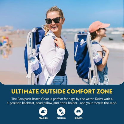 GCI Outdoor Backpack Beach Chair | Reclining Folding Chair with Durable Armrests, Drink Holder & Carry Straps, Perfect for Beach Trips & Picnics — Nautical Blue