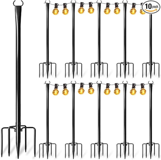 10 Pack String Light Poles for Outside, Upgraded Heavy-Duty Metal Poles for Outdoor String Lights with Fork, Adjustable Lighting Hanging Accessories for Patio Decor Pergola Backyard Garden Decorations