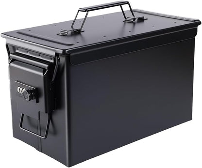 Ammo Can&Ammo Box, Fireproof & Waterproof Metal Storage Box - Perfect for Ammo, Lithium Batteries & RC Car Batteries (Square Lock, Black-12.8 * 7.4 * 6.1")