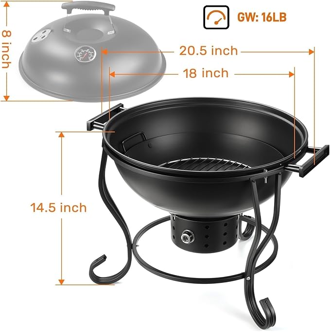 18 Inch Portable Charcoal Grill with Adjustable Fan, Outdoor BBQ Fire Pit, Easy to Light Charcoal/Wood, Small Round Kettle Smoker for Backyard Cooking, Barbeque, Camping, Black
