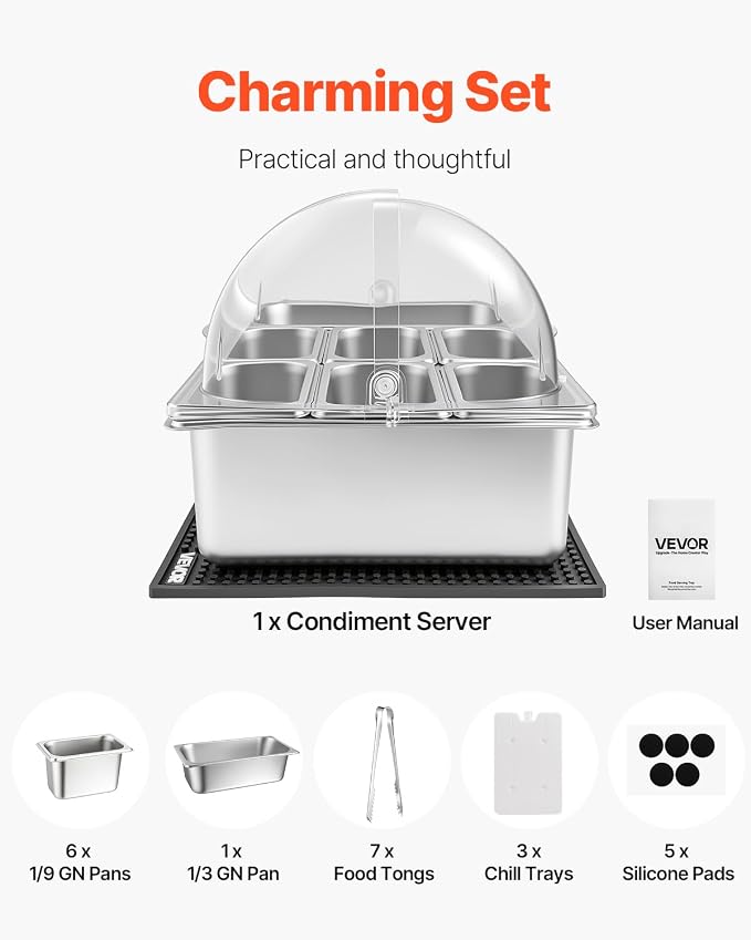 VEVOR Countertop Food Serving Display Container, Stainless Steel Food Salad Server Tray, Buffet Condiment Dispenser, Ice Cooled Rack with Clear Roll Top Cover, for Restaurant Hotel (1x1/3+6x1/9 Pan)