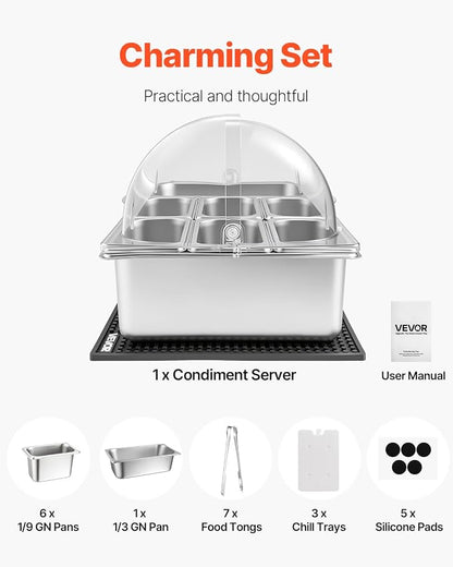 VEVOR Countertop Food Serving Display Container, Stainless Steel Food Salad Server Tray, Buffet Condiment Dispenser, Ice Cooled Rack with Clear Roll Top Cover, for Restaurant Hotel (1x1/3+6x1/9 Pan)