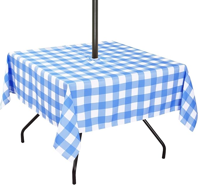 Poise3EHome Square Outdoor Tablecloth with Umbrella Hole and Zipper,Blue and White Gingham 60x60 Inch,SpillProof Washable Table Cloth for Spring Summer Patio Garden Poolside Picnic Camping BBQS