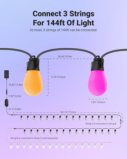 NEEWER 96ft Outdoor String Lights, App Control Smart AI RGB IC W Hanging Outside Warm White Patio Balcony Backyard Lighting, IP65 Waterproof, 30 LED Bulbs,50+ Scenes, Compatible with Alexa Google,NR01