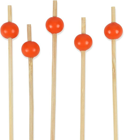 BambooMN Decorative Ball End Cocktail Fruit Sandwich Picks Skewers for Catered Events, Holiday's, Restaurants or Buffets Party Supplies - 3.9" Orange, 100 Pcs