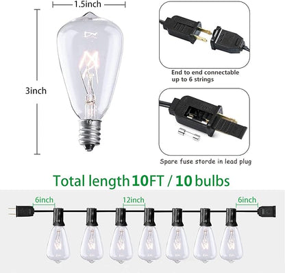 SUNSGNE 10Ft Outdoor Patio String Lights with 11 Edison Bulbs (1 Spare), Vintage Edison Bulb String Lights for Patio Garden Backyard Porch Bistro Umbrella Party, 7 Watt E12 Base, Black Wire