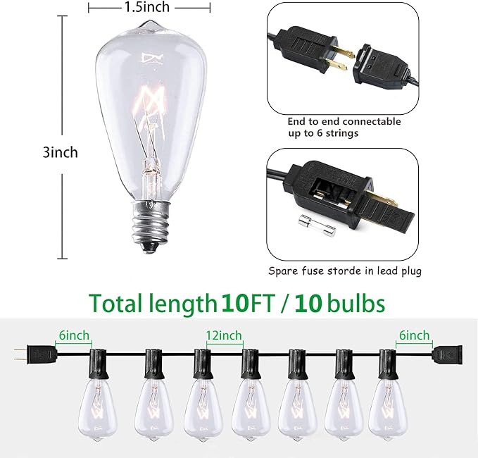 SUNSGNE 10Ft Outdoor Patio String Lights with 11 Edison Bulbs (1 Spare), Edison Bulb String Lights for Garden Backyard Porch Bistro Party Deck Umbrella, Brown