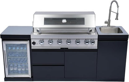 82" 6-Burner 85000 BTU Deluxe Outdoor Kitchen Island,304 Stainless Steel Modular Propane BBQ Grill Combination With Storage Cabinet, Refrigerator and Sink for Backyard (82"-Black&Sivler, Propane Gas)