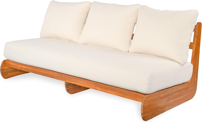 Merax 3 Piece Patio Outdoor Furniture Set, All-Weather Acacia Wood 3-Seater Daybed Sofa, 2 Chaise Lounge Chairs with Thick Cushions for Porch, Lawn, Backyard, Balcony, Beige +Teak