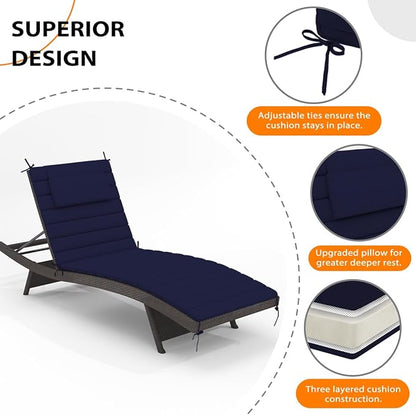 Sundale Outdoor Olefin Quilted Lounge Cushion Set of 2, Patio Foldable Chaise Lounger Cushion, Water-Resistant Lounge Chair Pad with Straps Navy Blue, 80 x 26 inches